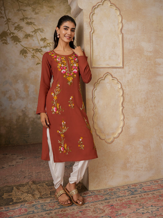 Qazmi Women's Sahar Kashmiri Aari Work Straight Kurta