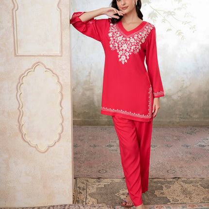 Qazmi Women's Kashmiri Aari Work Navy Blue CoOrd Set