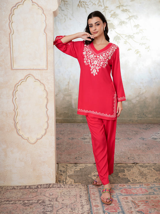 Qazmi Women's Kashmiri Aari Work Navy Blue CoOrd Set