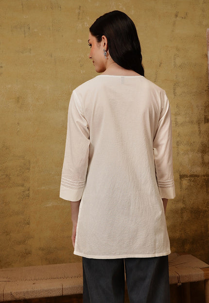 Qazmi Women's Pure Cotton Kashmiri Aari Work White Kurti