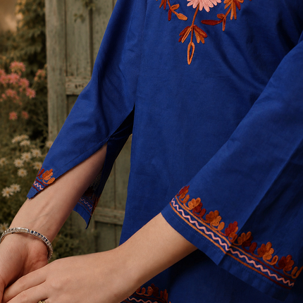 Qazmi Women's Nafisa Kashmiri Aari Work V-Neck Blue Kurti