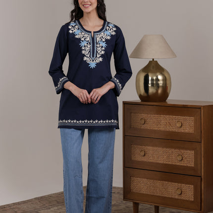 Qazmi Women Aari Embroidered Pure Cotton Short Kurta with Full Sleeves