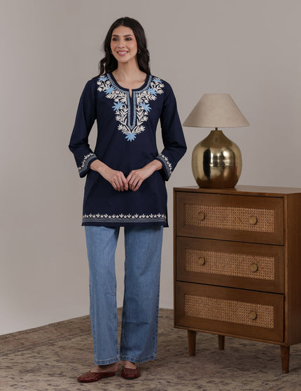Qazmi Women Aari Embroidered Pure Cotton Short Kurta with Full Sleeves