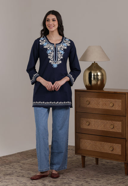 Qazmi Women Aari Embroidered Pure Cotton Short Kurta with Full Sleeves