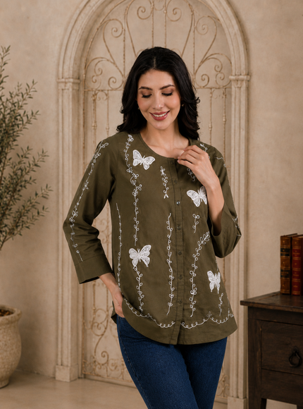 Qazmi Women Aari Embroidered Pure Cotton Buttoned Top