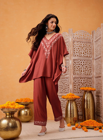Qazmi Shahira Kashmiri Aari Work Orange Kaftan CoOrd Set