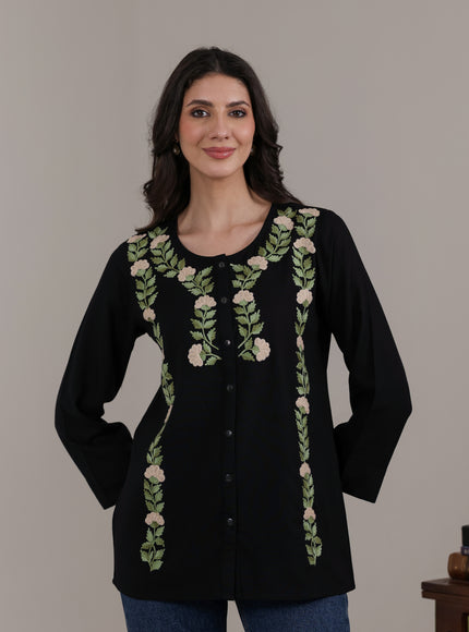 Qazmi Women Aari Embroidered Cotton Linen Buttoned Top