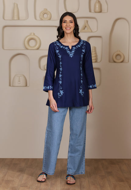Qazmi Women Kashmiri Aari Embroidered A-Line Viscose Rayon Short Kurti with Full Sleeves