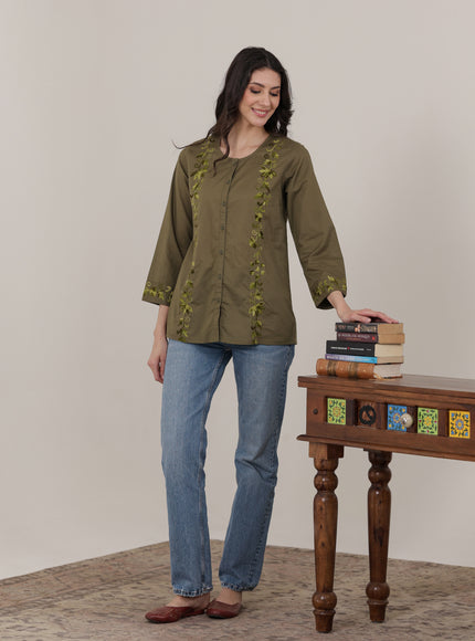 Qazmi Women Aari Embroidered Pure Cotton Mandarin Collar Top