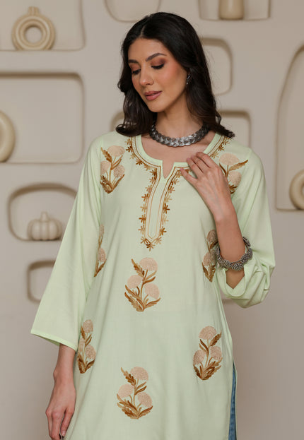 Qazmi Women Kashmiri Aari Embroidered Viscose Rayon Short Kurta