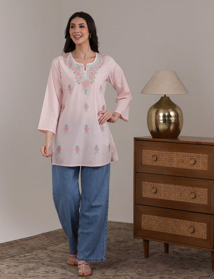 Qazmi Women's Aari Embroidered Pure Cotton Short Kurta