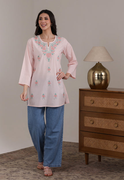 Qazmi Women's Aari Embroidered Pure Cotton Short Kurta