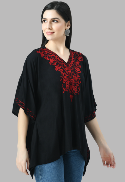 Qazmi  V-Neck Flared Sleeves Aari Work Kaftan Kurti