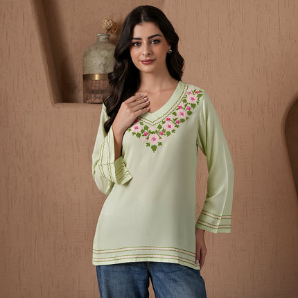 Qazmi Women's Amina Kashmiri Embroidered V-Neck Short Kurti