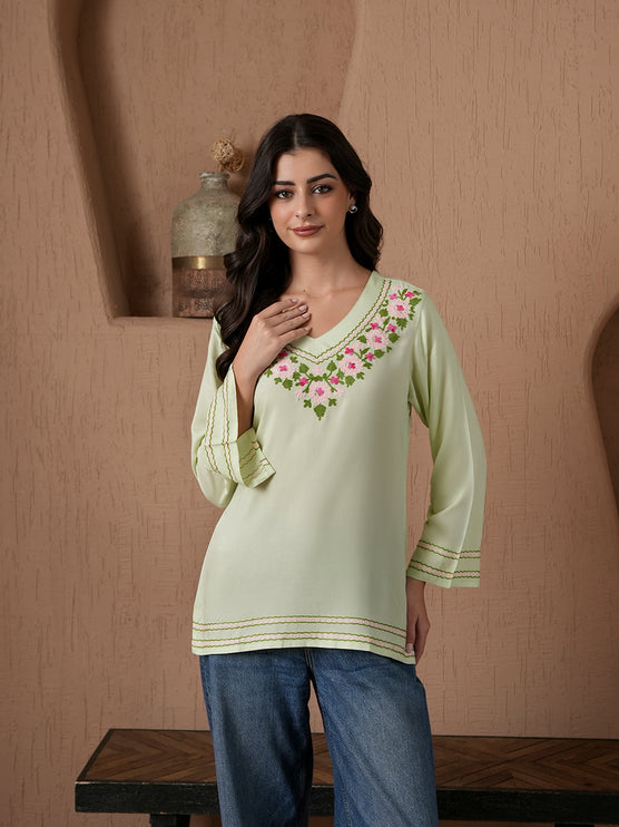 Qazmi Women's Amina Kashmiri Embroidered V-Neck Short Kurti