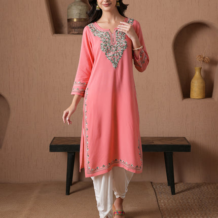 Qazmi Women's Mahsa Kashmiri Aari Work Straight Kurta