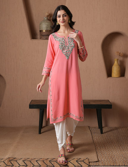 Qazmi Women's Mahsa Kashmiri Aari Work Straight Kurta