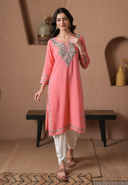 Qazmi Women's Mahsa Kashmiri Aari Work Straight Kurta