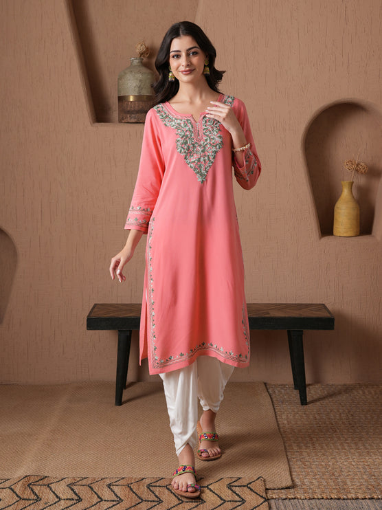 Qazmi Women's Mahsa Kashmiri Aari Work Straight Kurta
