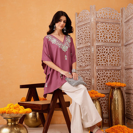 Qazmi Hannah V-Neck Flared Sleeves Aari Work Kaftan Kurti