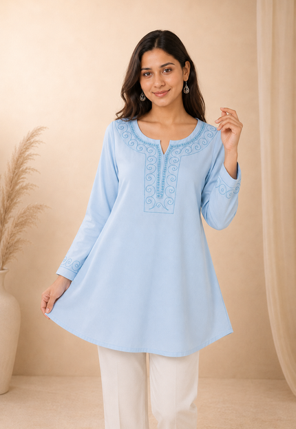 Qazmi Women Aari Embroidered Viscose Rayon A-Line Short Kurti with Full Sleeves