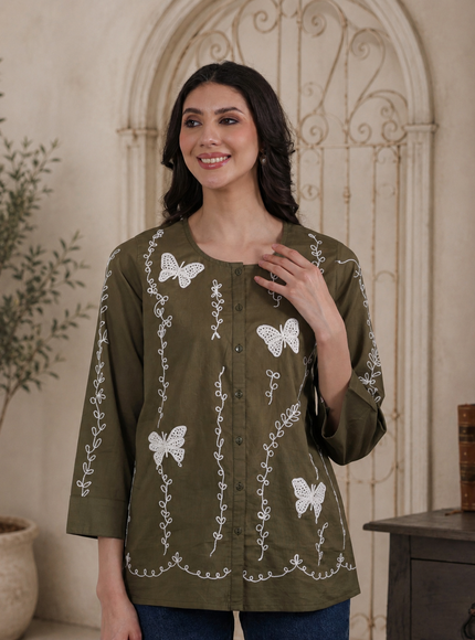 Qazmi Women Aari Embroidered Pure Cotton Buttoned Top