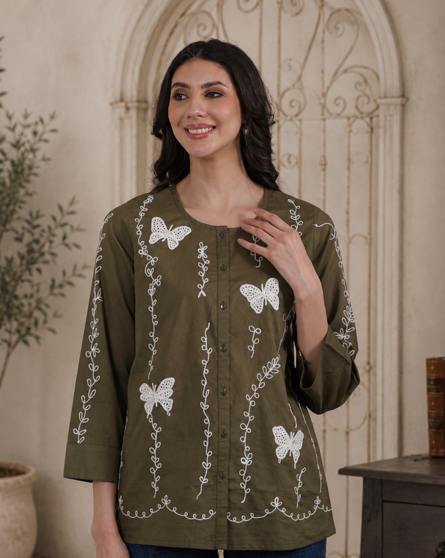 Qazmi Women Aari Embroidered Pure Cotton Buttoned Top