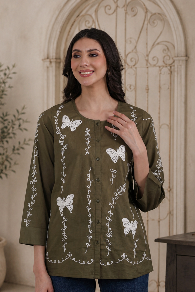 Qazmi Women Aari Embroidered Pure Cotton Buttoned Top