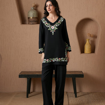 Qazmi Women's Aari Work V-Neck Black CoOrd Set