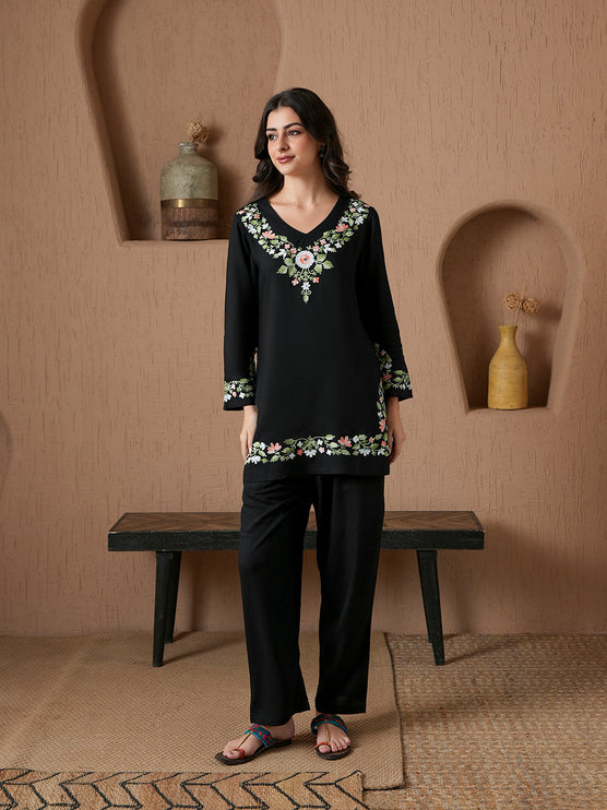 Qazmi Women's Aari Work V-Neck Black CoOrd Set