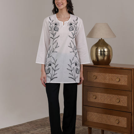 Qazmi Women's Aari Embroidered Pure Cotton Short Kurta