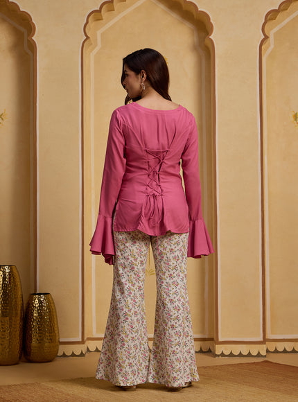 Qazmi Women Pink V-Neck Bell Sleeves Kurti & Striped Trousers Y2K Set 5