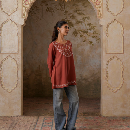 Qazmi Women's Azra Kashmiri A-Line Full Sleeves Viscose Rayon Short Kurti