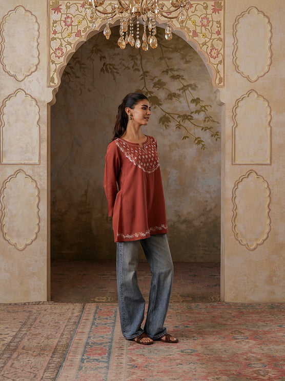 Qazmi Women's Azra Kashmiri A-Line Full Sleeves Viscose Rayon Short Kurti