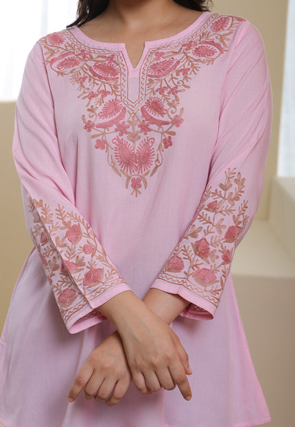Qazmi Women Aari Embroidered Viscose Rayon A-Line Short Kurti with Full Sleeves