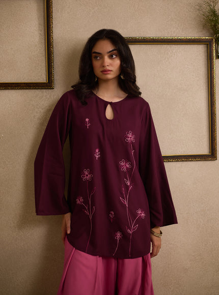 Qazmi Women Floral Aari Embroidered Viscose Rayon Kurti with Farshi Salwar