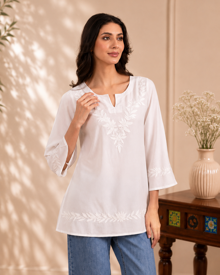 Qazmi Women Kashmiri Aari Embroidered Viscose Rayon A-Line Short Kurti with Bell Sleeves
