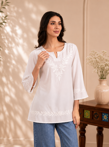 Qazmi Women Kashmiri Aari Embroidered Viscose Rayon A-Line Short Kurti with Bell Sleeves