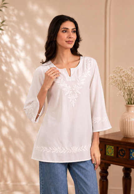 Qazmi Women Kashmiri Aari Embroidered Viscose Rayon A-Line Short Kurti with Bell Sleeves