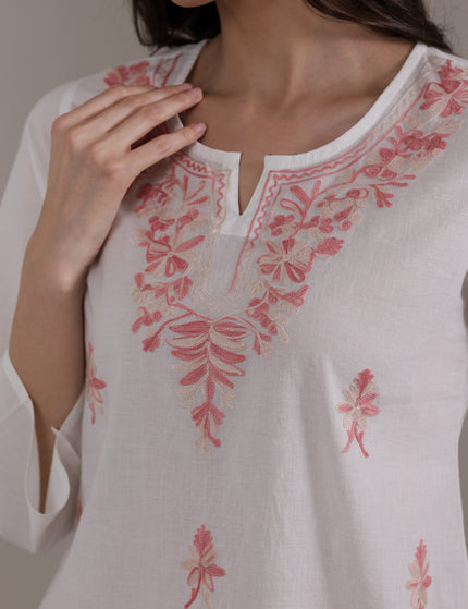 Qazmi Women's Aari Embroidered Pure Cotton Short Kurta