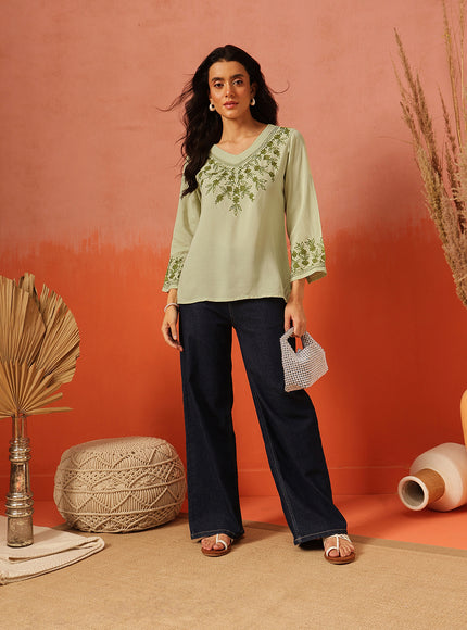 Qazmi Women's Sarah V-Neck Kashmiri Aari Work Full Sleeves Kurti
