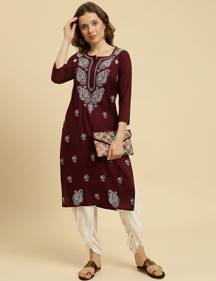 Wine ChikanKari Long Kurti Kurti For Women