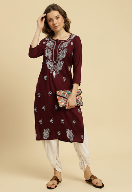 Wine ChikanKari Long Kurti Kurti For Women