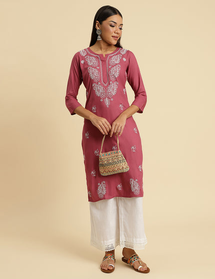 Light Wine Chikan Long Kurti For Women