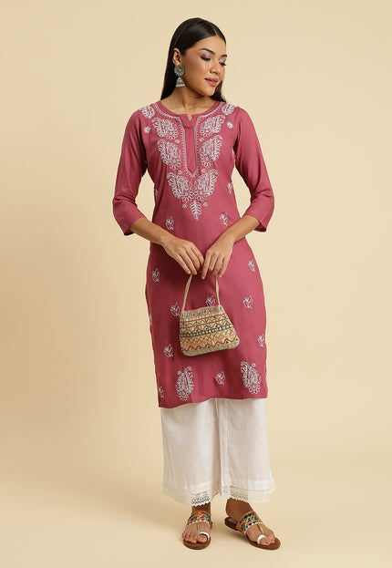 Light Wine Chikan Long Kurti For Women