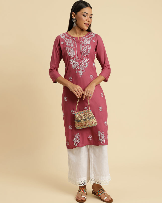 Light Wine Chikan Long Kurti For Women