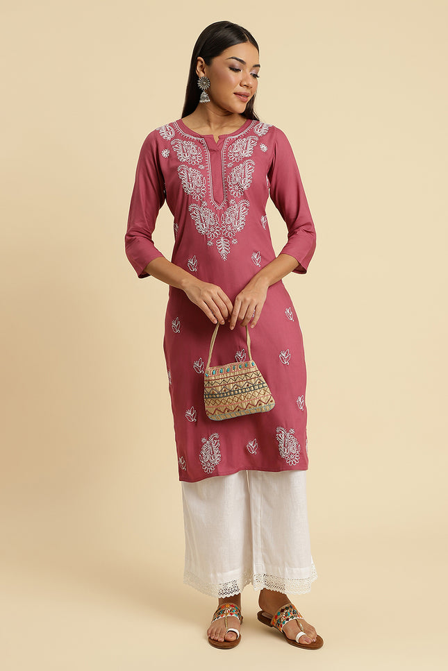 Light Wine Chikan Long Kurti For Women