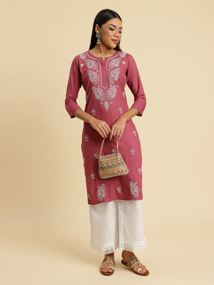 Light Wine Chikan Long Kurti For Women