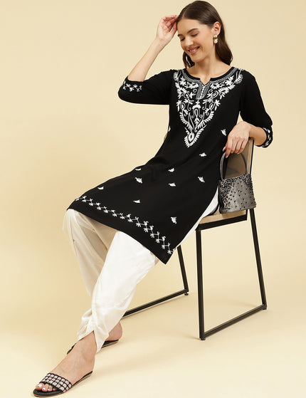 Black Off White Boota Aari Long Kurti For Women