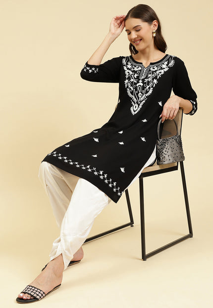 Black Off White Boota Aari Long Kurti For Women